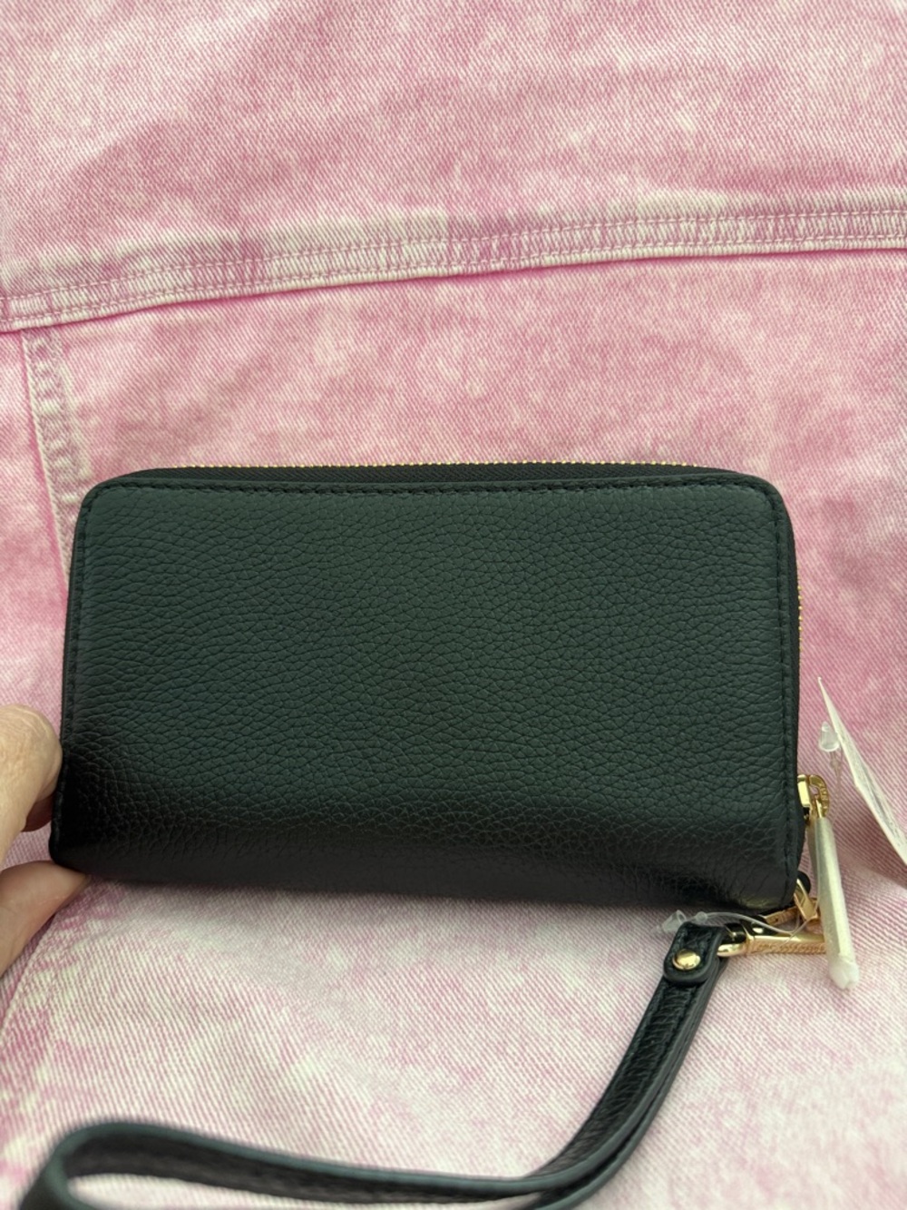 Michael Kors Black Pebbled Leather Zip Wristlet with Gold Logo - Picture 4 of 5